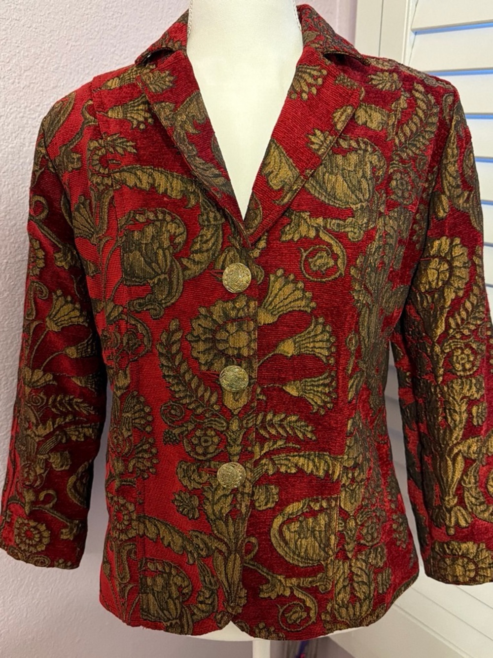Women's Red and Gold Brocade Blazer - Tailored Floral Jacket
